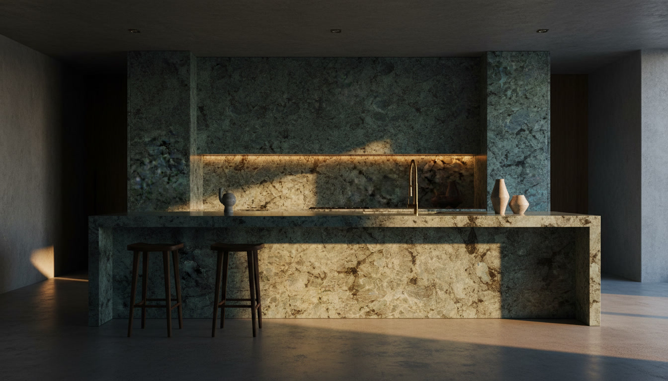 Lastra di Labradorite, pietra naturale verde con zone cristalline e riflessi grigio azzurri