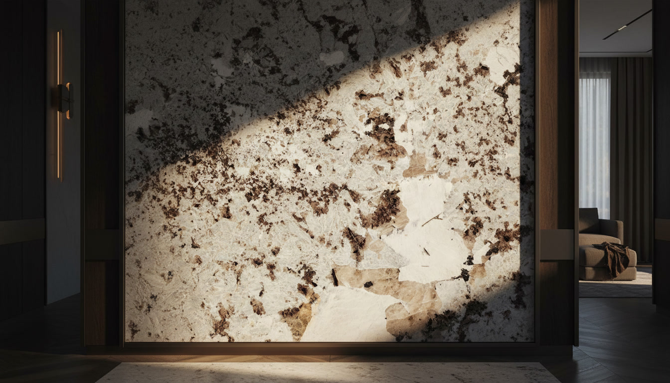 Alaska White stone slab, pale ground with blended grey, beige and brown veining, Michelessi natural stones