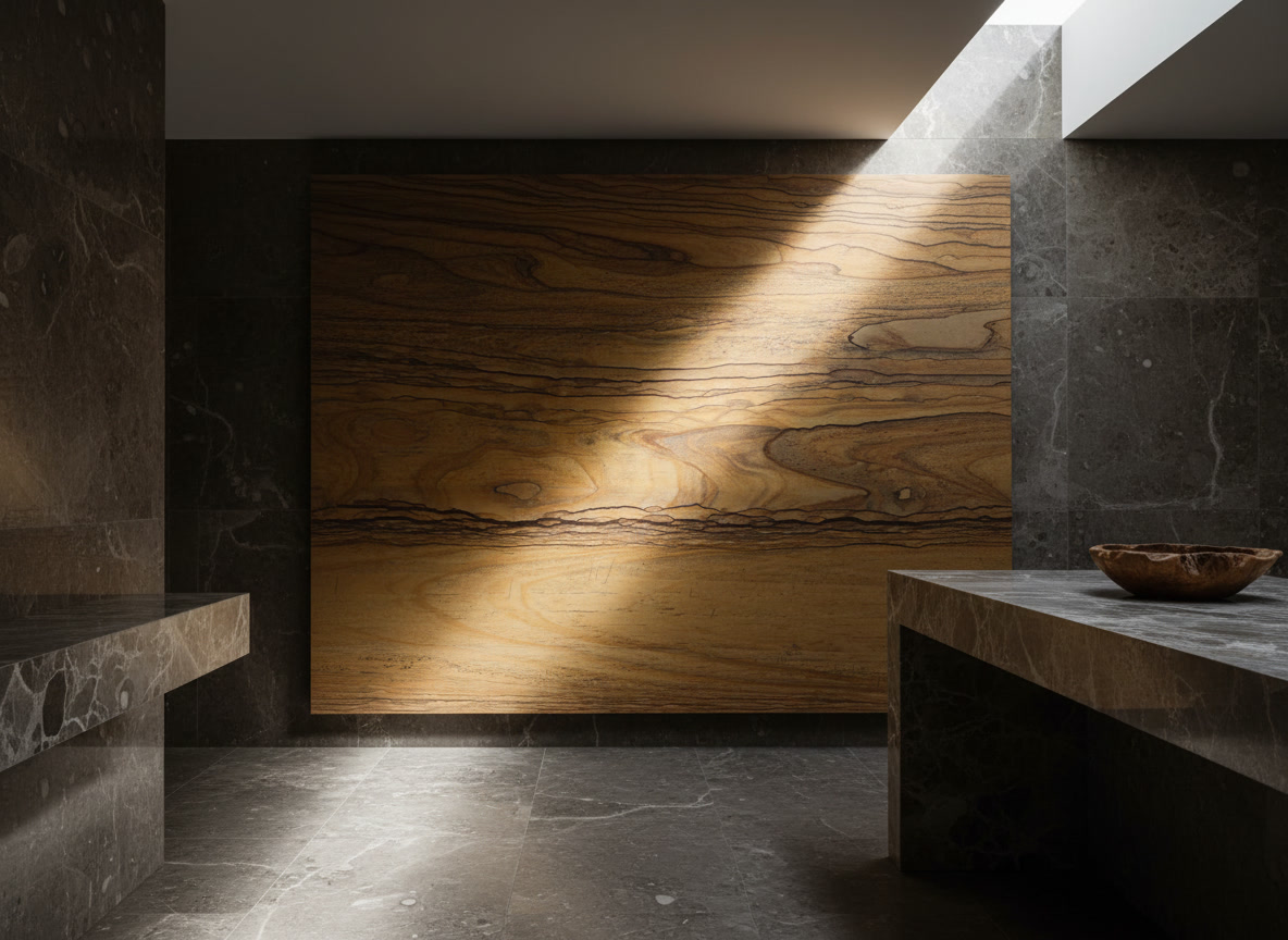 Radika stone slab, ochre yellow ground with intense brown briar-like veining, Michelessi natural stones