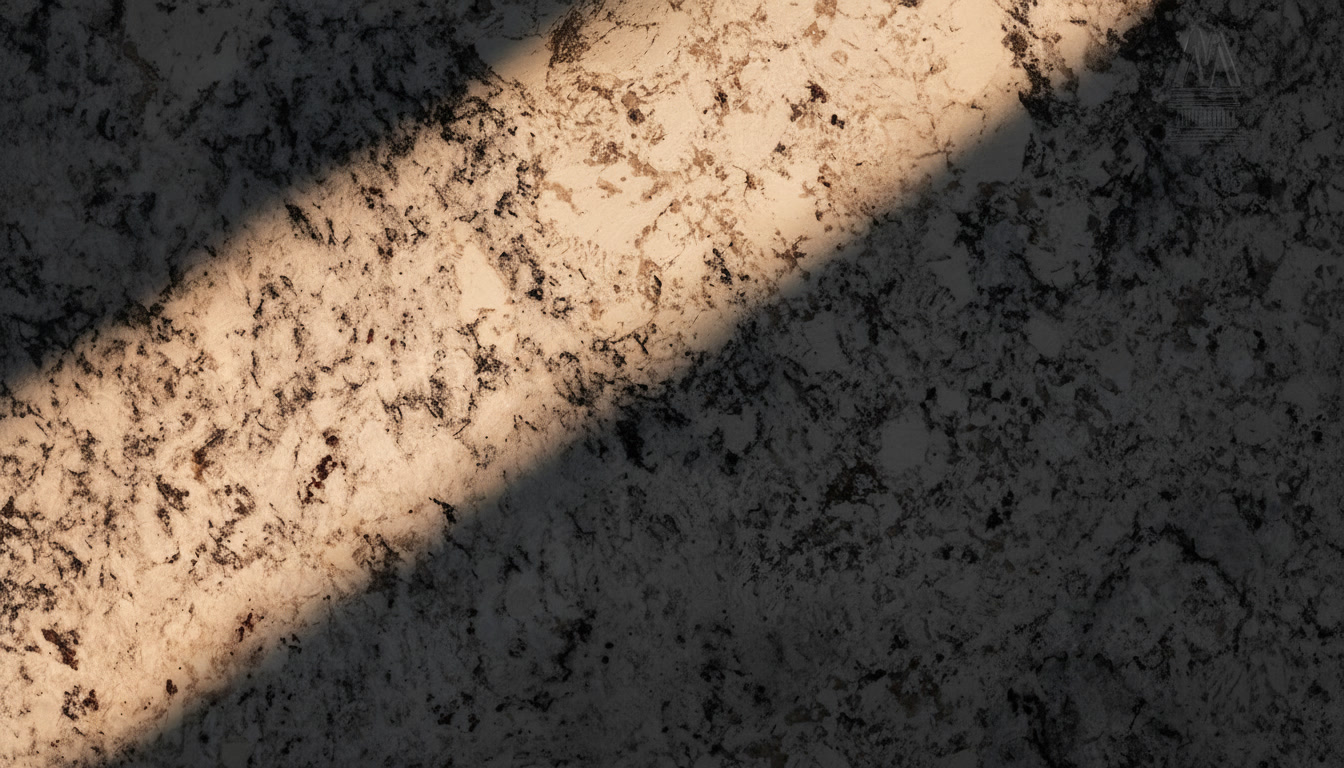 White Ice granite slab, white-beige ground with dark inserts and crystals, Michelessi natural stones