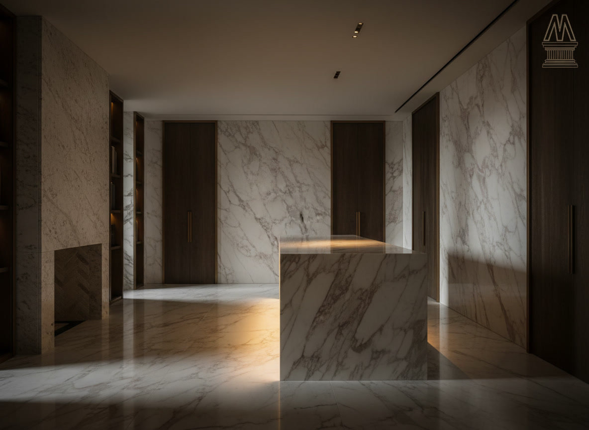 Calacatta Vagli Oro marble slab, prized white with intense golden veining, Michelessi natural stones