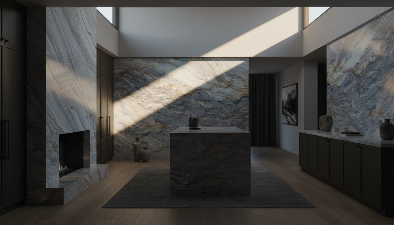 Fusion marble slab, grey and blue waves with contrasting orange veining, Michelessi natural stones