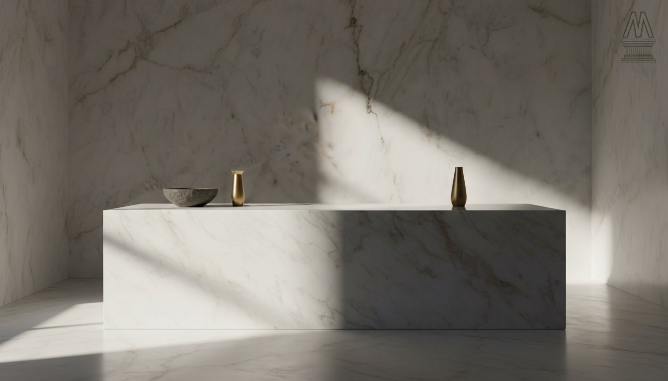 Afyon marble slab, crystalline white limestone with golden yellow veining, Michelessi natural stones