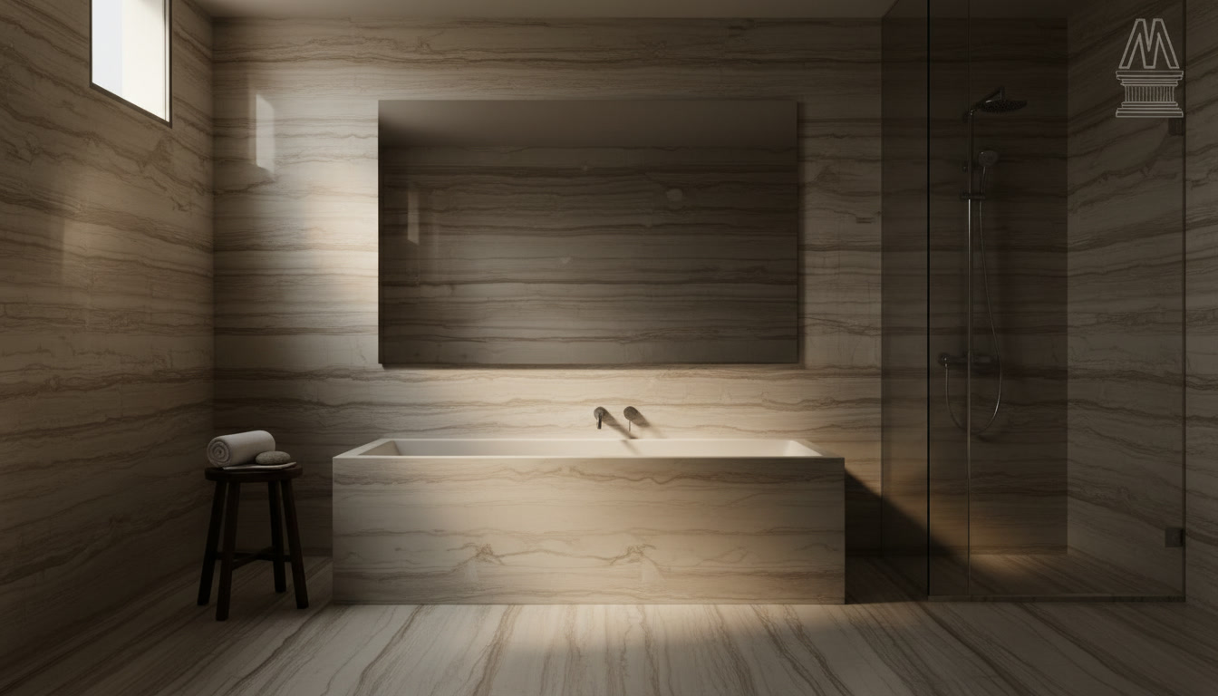Striato Elegante marble slab, cream ground with well-defined dark horizontal veining, Michelessi natural stones