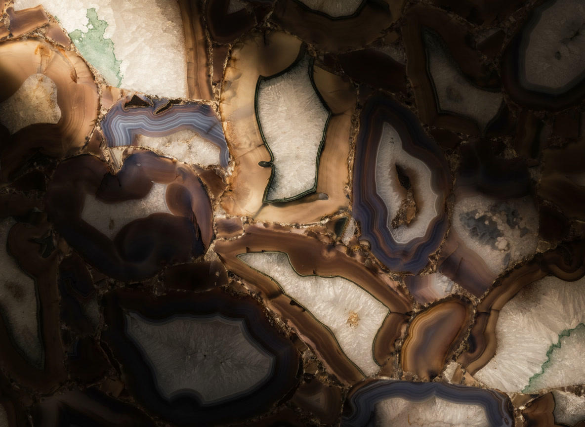 Lastra semi preziosa Black Wild Agate, sezioni di agata brune e grigie con cuori di quarzo, Michelessi