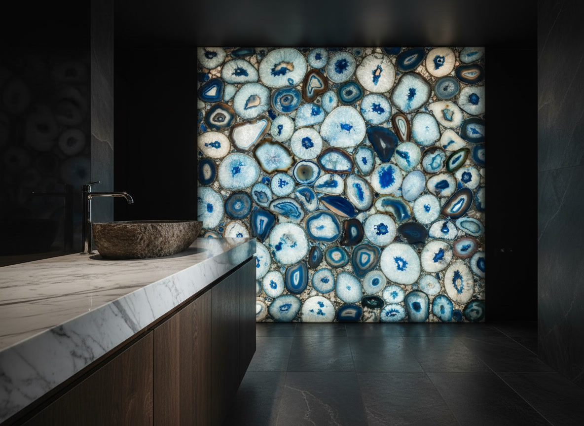 Lastra semi preziosa Blue Agate, sezioni di agata azzurra con cuori blu cristallini, semi preziosi Michelessi