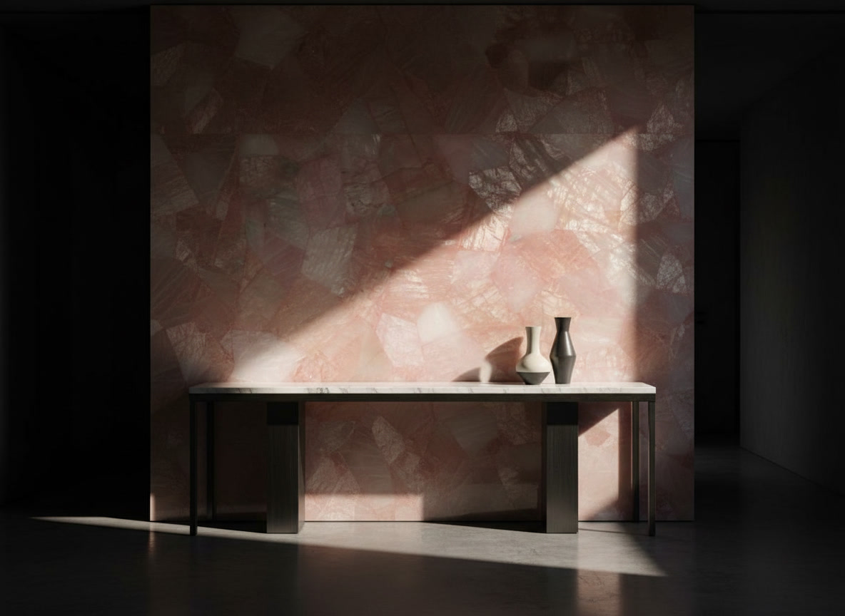 Lastra semi preziosa Rose Quartz, mosaico di quarzo rosa traslucido dal cipria al corallo, Michelessi