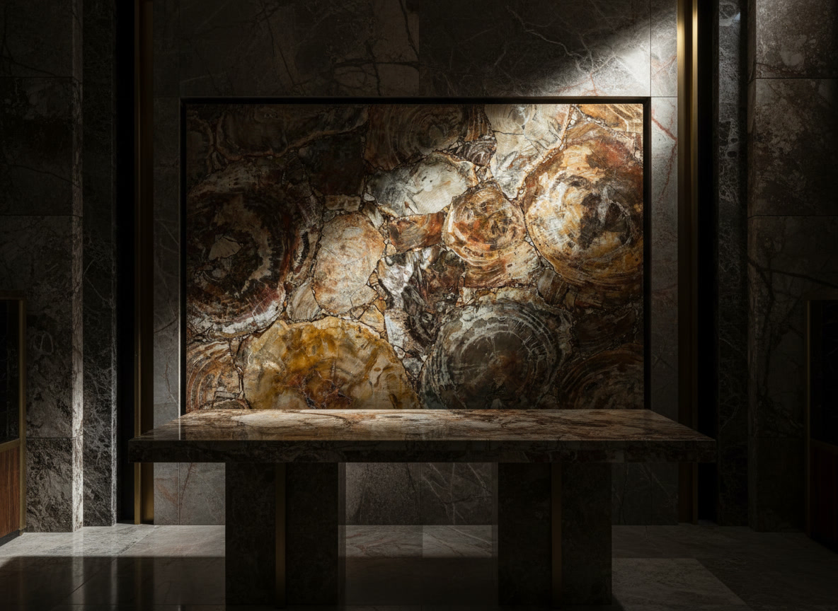 Lastra semi preziosa Petrified Wood, sezioni di legno fossile con anelli ambra e bruni, Michelessi