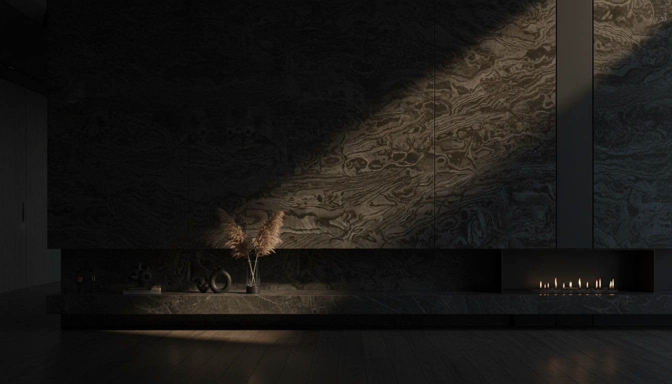 Lastra Dekton Liquid Embers di Cosentino, superficie ultracompatta scura con venature fluide blu notte e nere