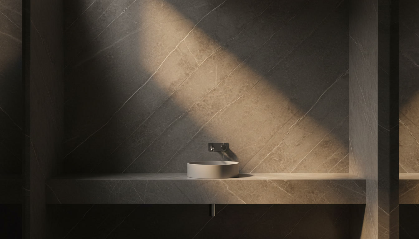 Lastra Dekton Korso, superficie ultracompatta effetto pietra grigio tortora con sottili venature chiare