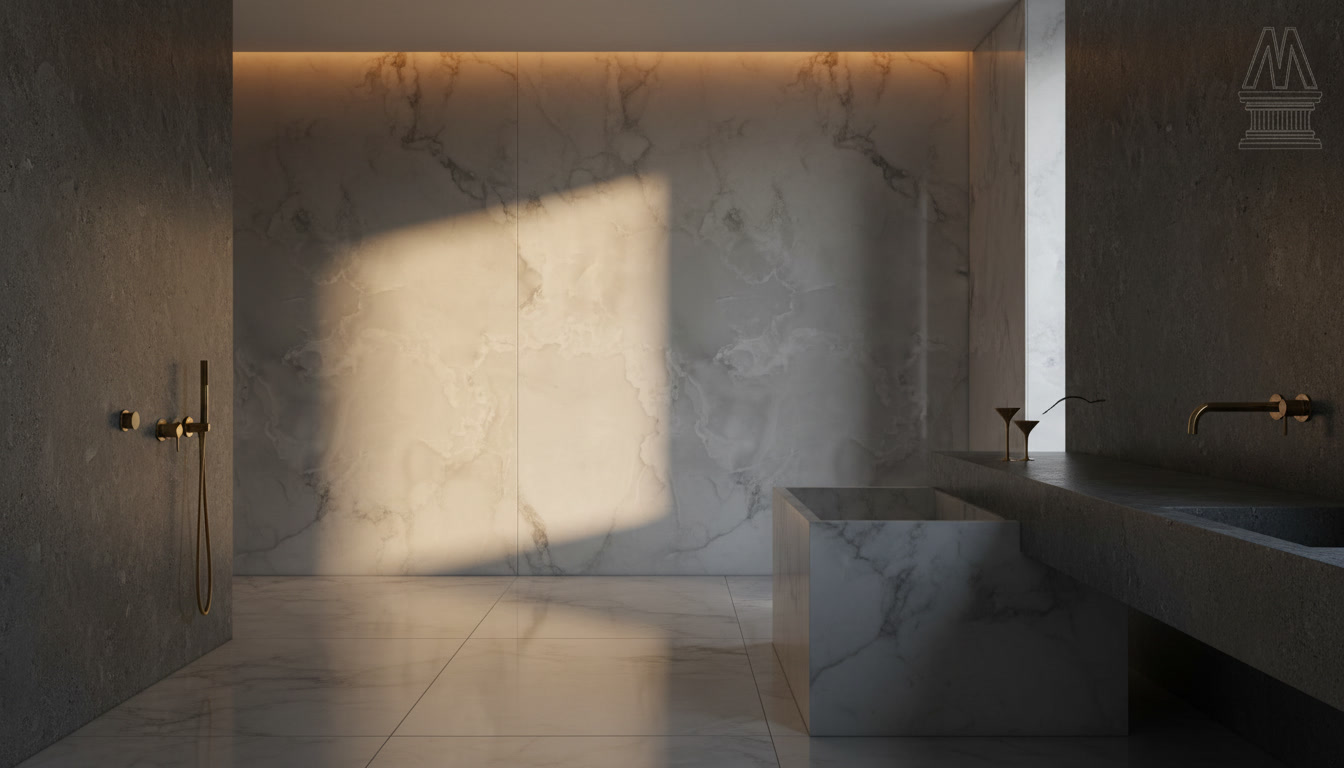 Lastra Dekton Helena, superficie ultracompatta bianco perla con veli chiari effetto onice