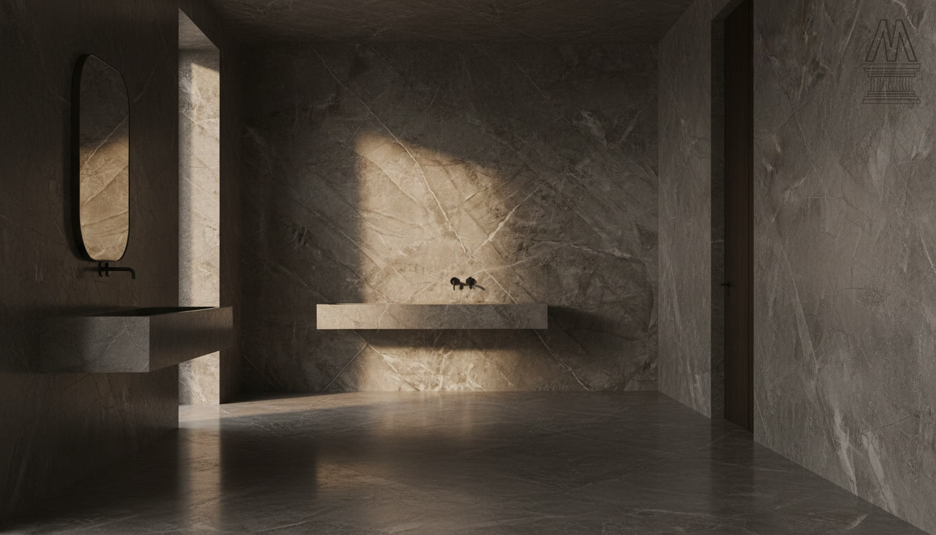 Lastra Dekton Kira, superficie ultracompatta grigio bruno effetto pietra con fitte venature incrociate