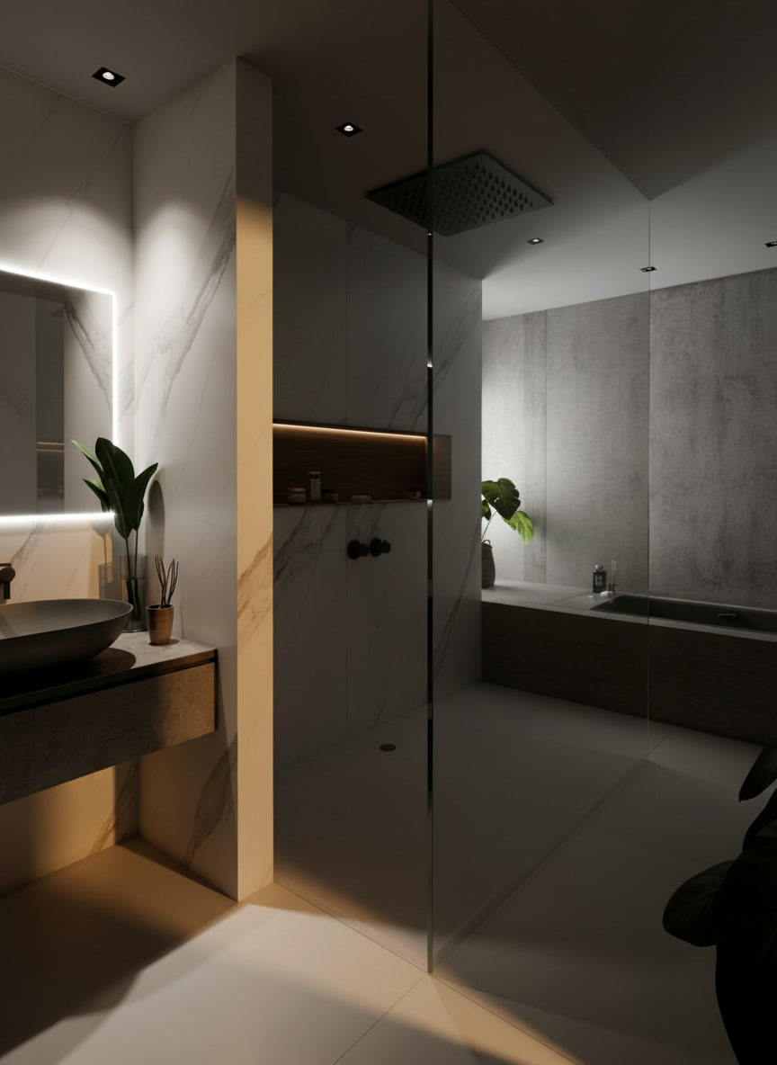 Bagno moderno rivestito in Dekton effetto marmo bianco e pietra grigia, doccia a vista e vasca incassata