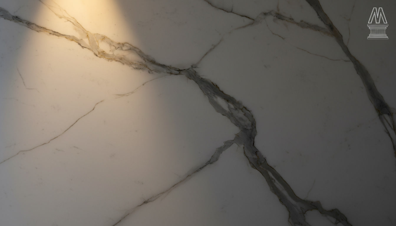 Lastra Laminam Calacatta Michelangelo Lucidato, gres porcellanato effetto marmo calacatta con venature grigio oro