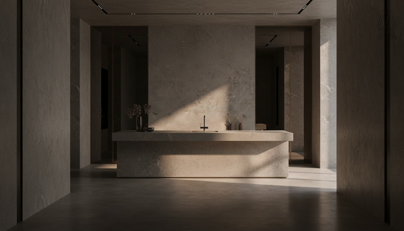 Lastra Laminam Fokos Roccia, gres porcellanato sottile grigio bruno con texture rocciosa minerale