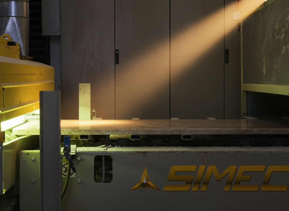Linea di produzione di lastre in pietra composita con macchinario industriale SIMEC in stabilimento