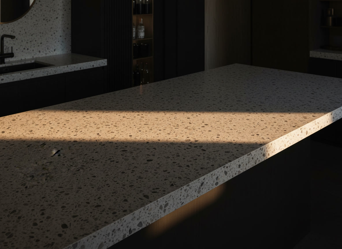 Lastra di graniglia di marmo effetto terrazzo con graniglia di marmo grigia su fondo chiaro