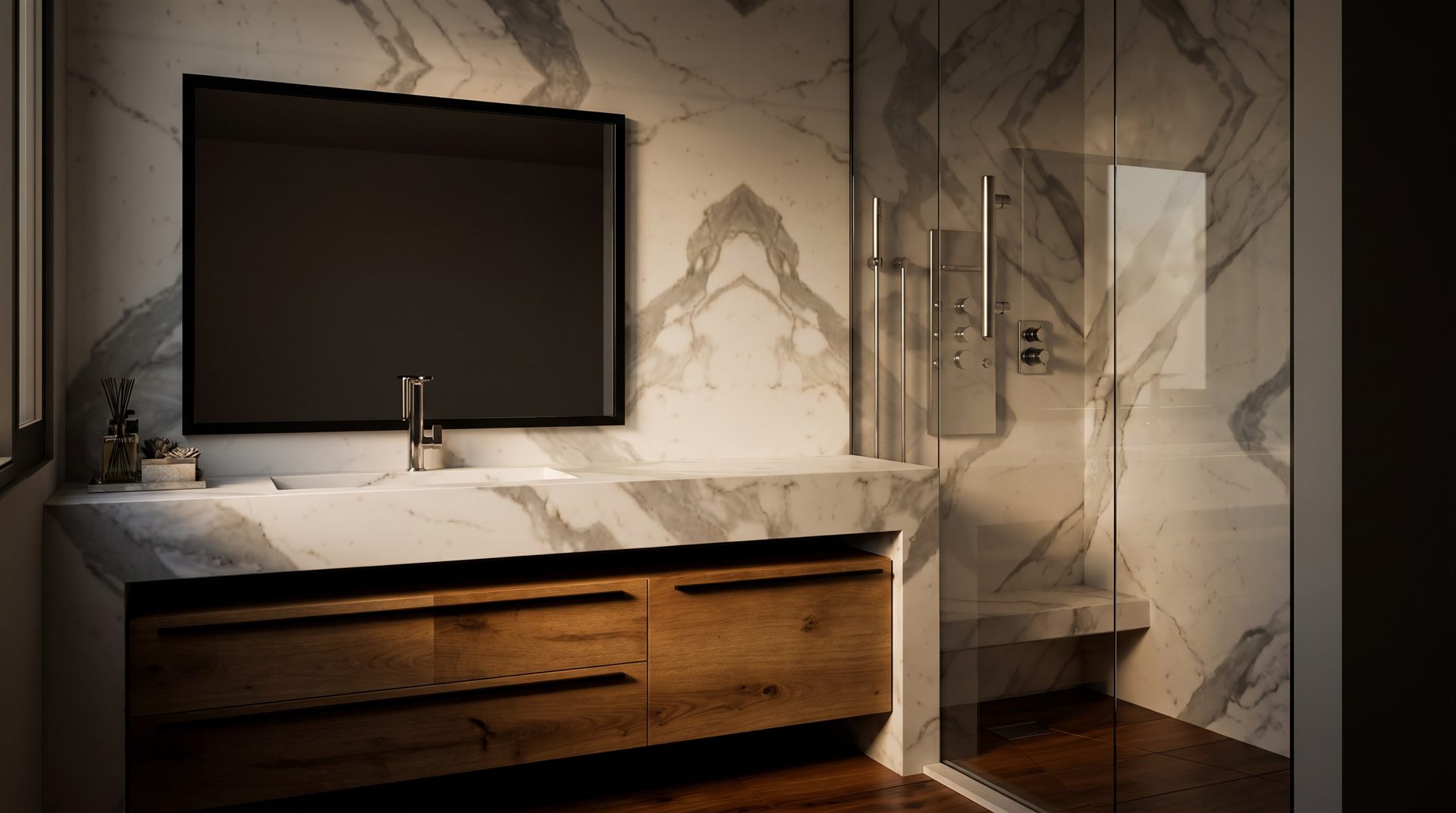 Visione di progetto: render 3D di bagno con pareti in marmo bianco venato, top lavabo di 2,15 metri e mobile in legno