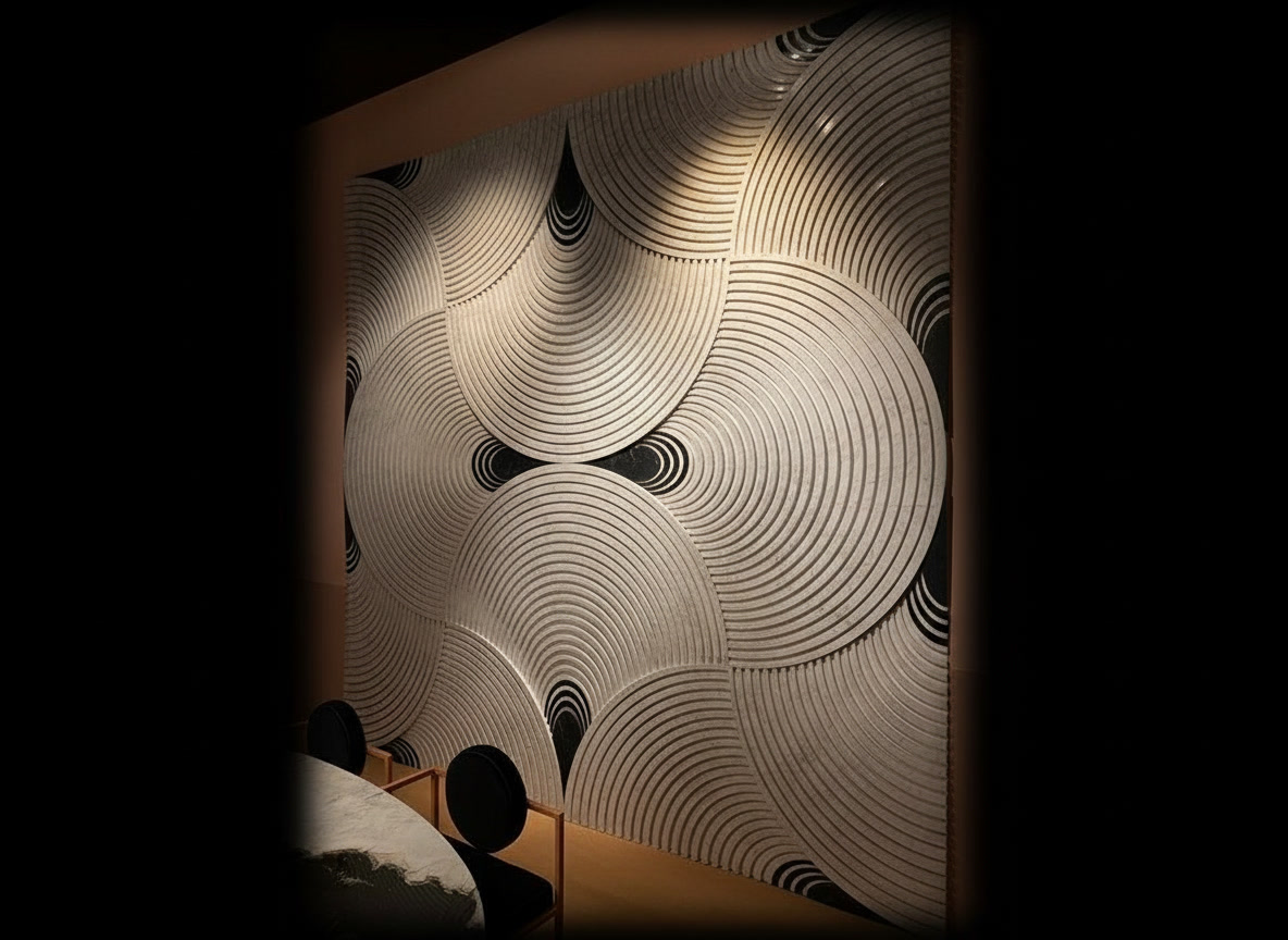 Parete 3D in marmo chiaro scolpita a ventagli concentrici con inserti scuri, sala da pranzo Michelessi