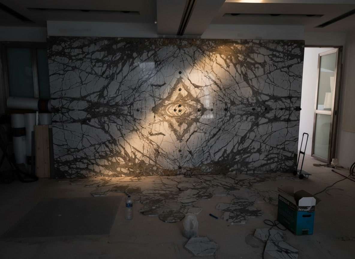 Posa in cantiere di parete in marmo bianco a venature grigie accostata a macchia aperta