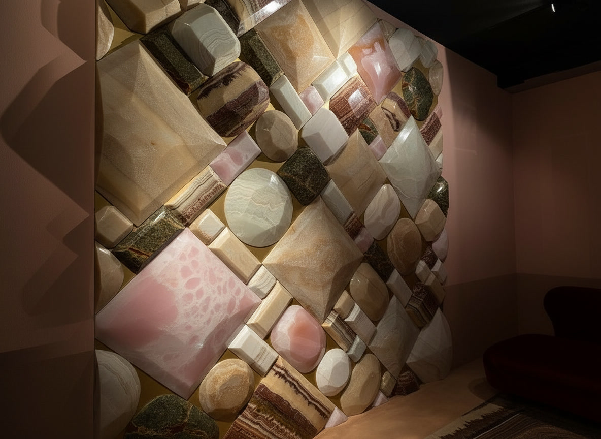Parete 3D con blocchi in onice rosa, pietre a bande e marmi levigati in rilievo su fondo rosa