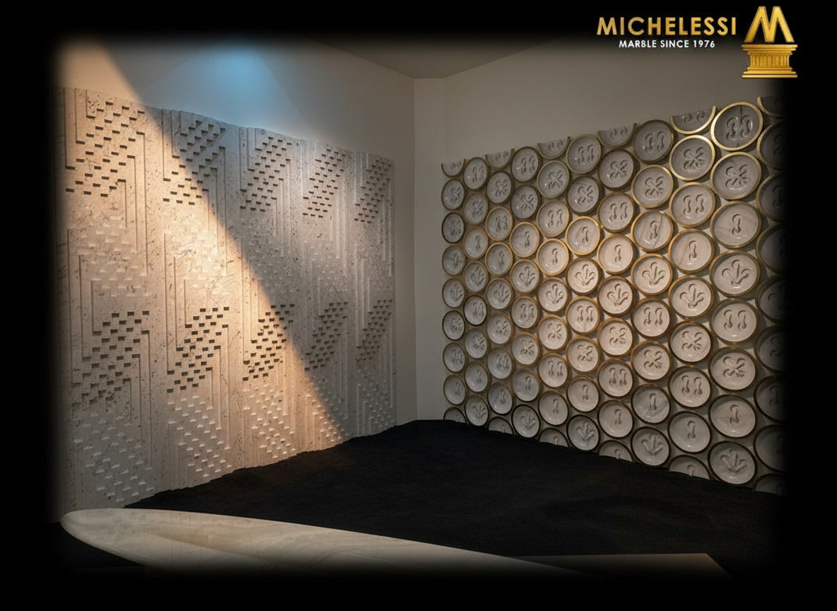 Showroom con parete 3D in pietra chiara a rilievo geometrico e parete a medaglioni scolpiti bordati d'oro