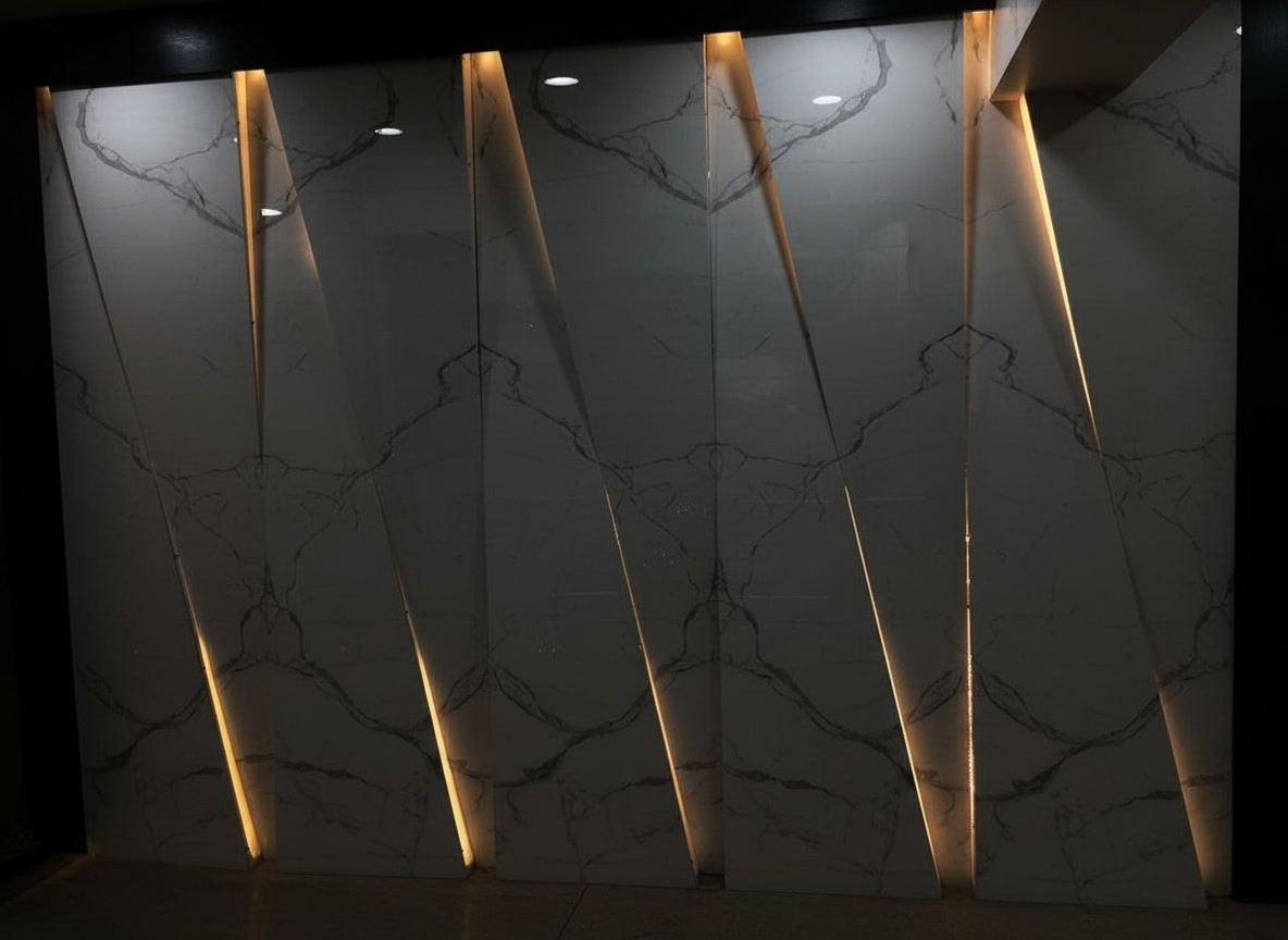 Parete retroilluminata in marmo bianco venato tagliata in pannelli triangolari con luce calda nei giunti