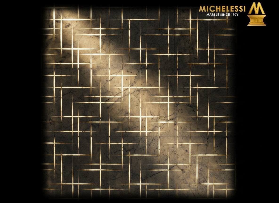 Parete in pietra grigia venata con canali incrociati retroilluminati da luce dorata, parete 3D