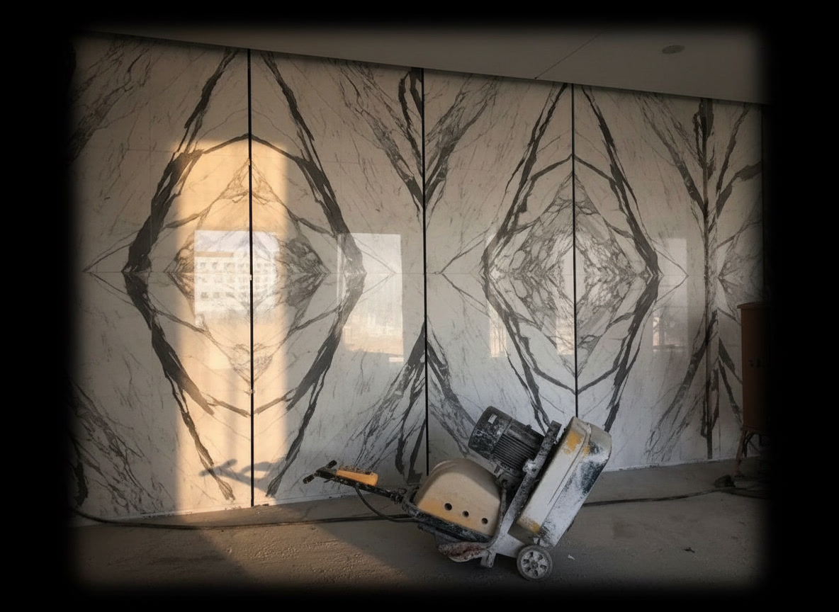 Cantiere con parete in marmo bianco a venature scure posata a macchia aperta e levigatrice per pavimenti