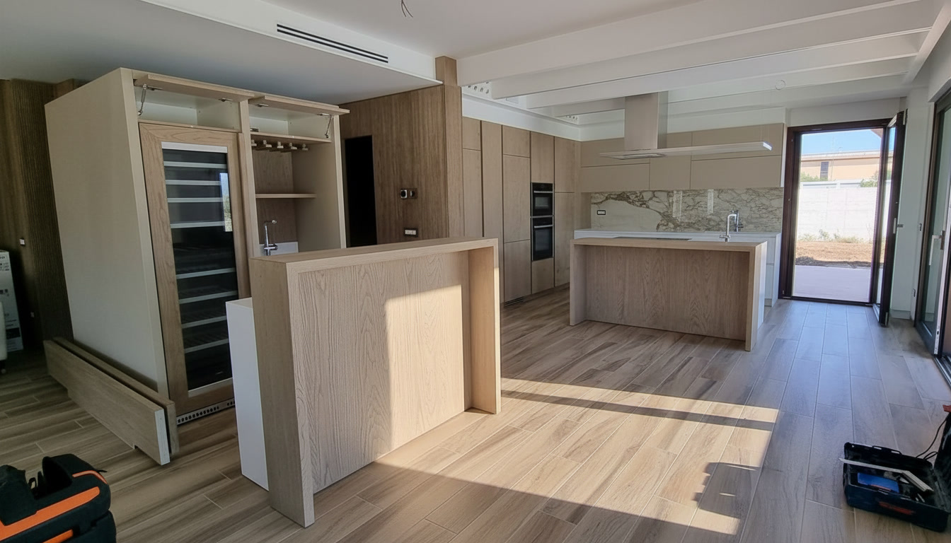Montaggio di una cucina su misura con isole in legno chiaro e pavimento effetto legno, porta aperta sull'esterno