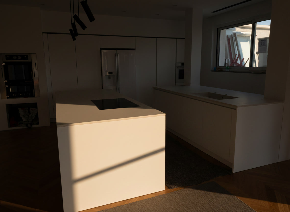 Cucina con due isole bianche dal piano sottile e pavimento in parquet di rovere a spina di pesce