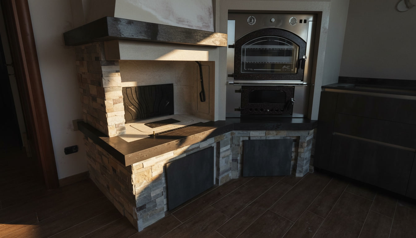 Camino e forno incassato con rivestimento in pietra naturale a spacco e piani scuri su misura