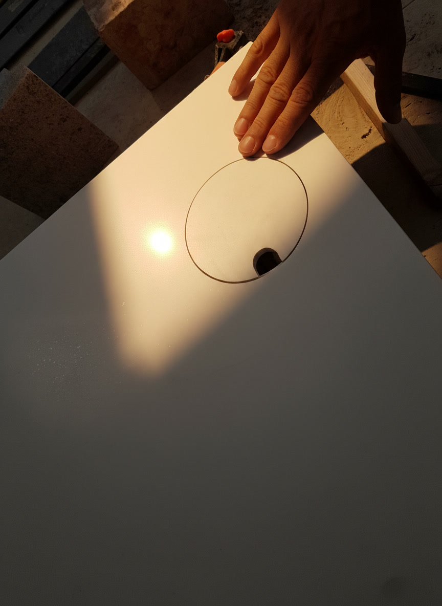 Mano di un artigiano su un piano bianco con foro circolare appena tagliato in laboratorio