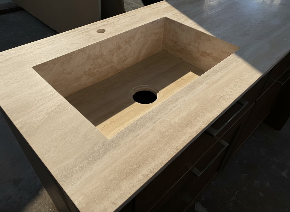 Piano bagno in travertino con vasca scavata nel massello su mobile in legno, lavorazione su misura