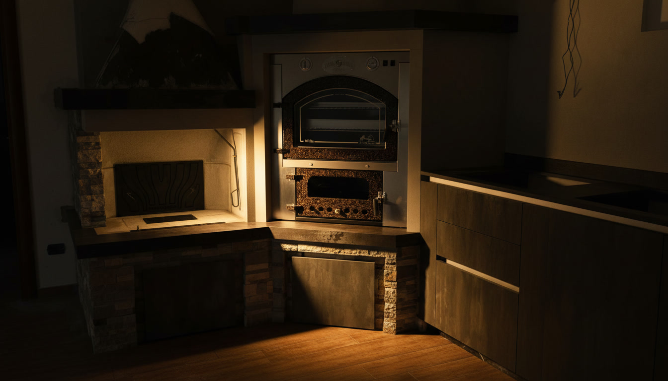 Camino e forno a legna incassati tra pietra naturale a spacco e piani scuri, cantiere in corso