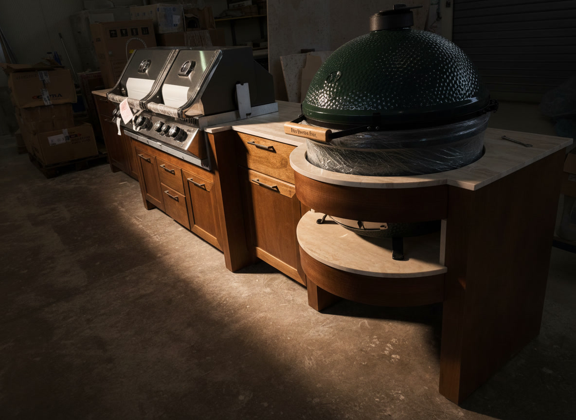 Cucina da esterno con piano in travertino sagomato attorno a una griglia in ceramica verde