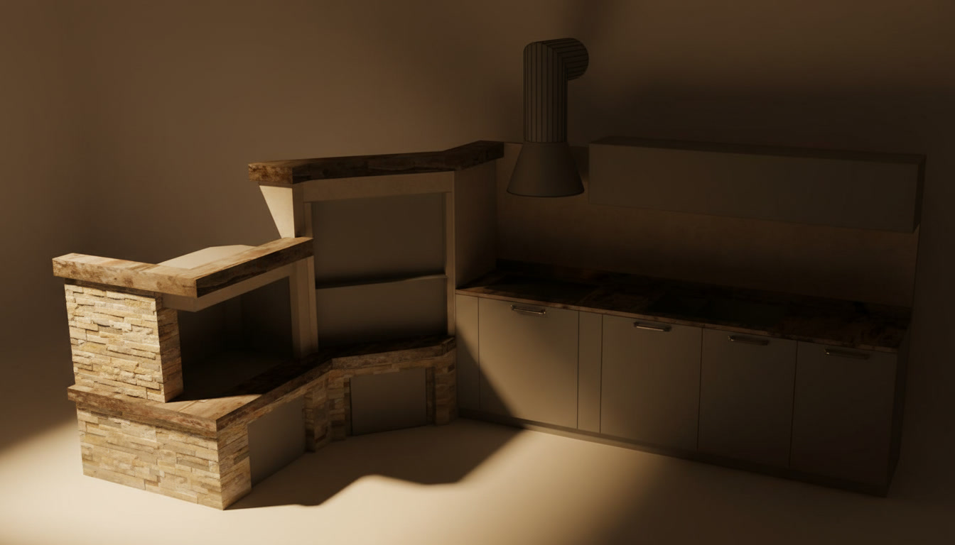 Progetto tridimensionale di cucina in muratura con rivestimento in pietra naturale e piani su misura