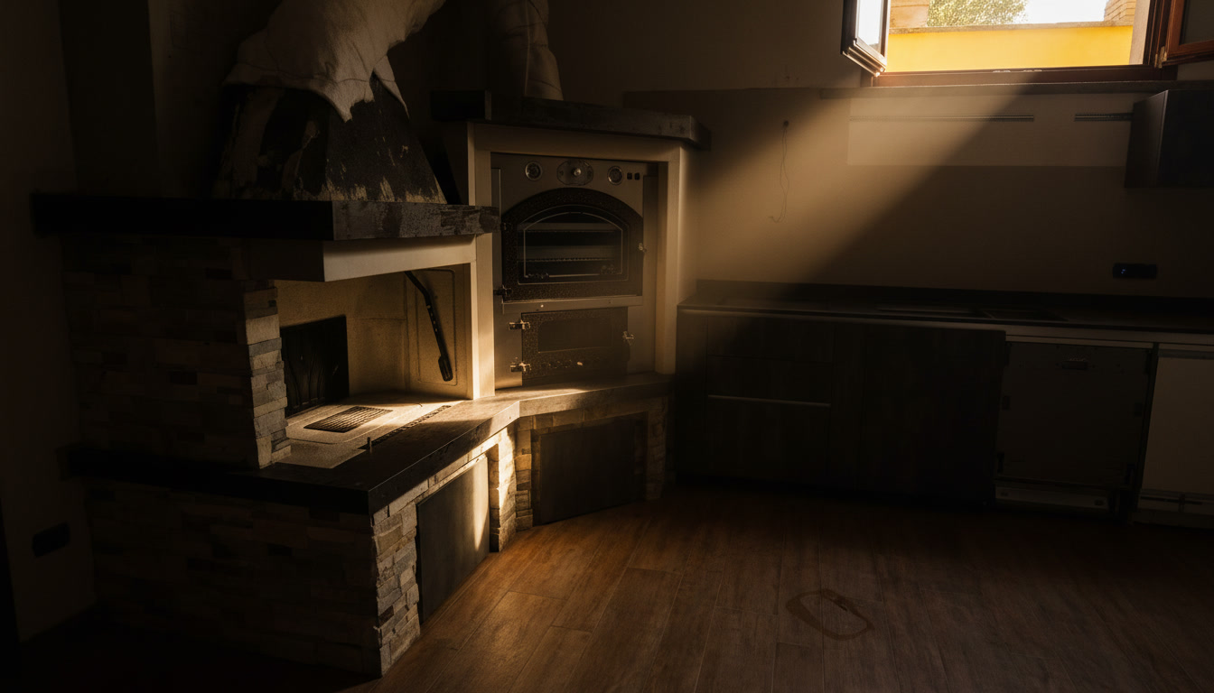 Cucina in muratura con camino e forno rivestiti in pietra naturale, mobili grigi e pavimento effetto legno