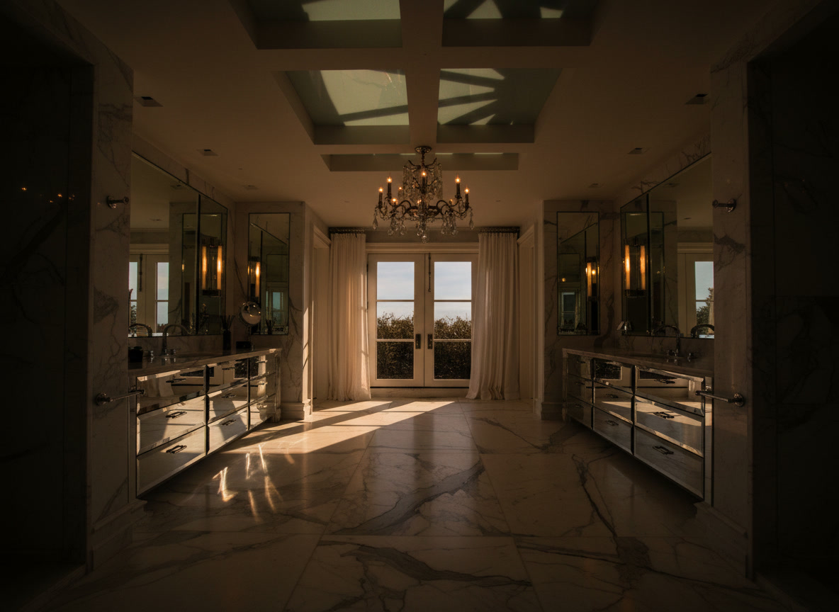Bagno con pavimento in marmo bianco di Carrara, mobili con finitura a specchio e lampadario in cristallo