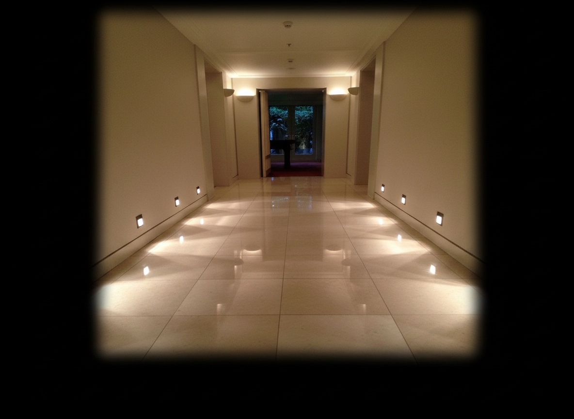 Corridoio d'albergo con pavimento in marmo lucido color crema illuminato da luci a parete