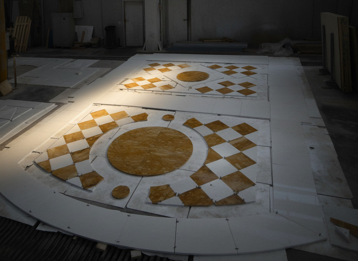 Decori circolari per pavimenti in marmo bianco di Carrara con scacchi in giallo Siena in posa di prova