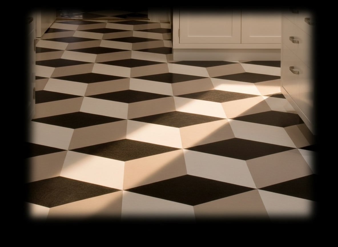 Pavimento a rombi in tre colori con effetto tridimensionale a cubi in una cucina