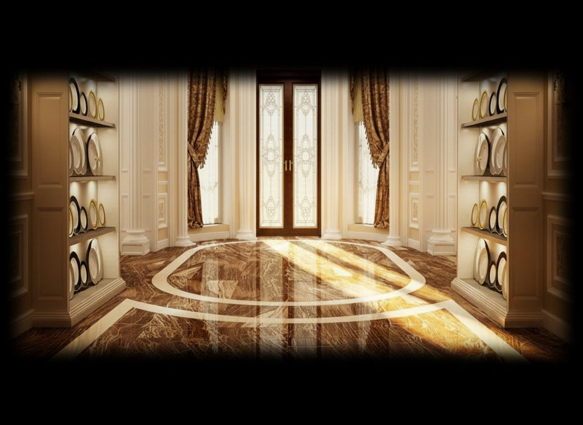 Sala classica con pavimento in marmo bruno lucido e cornici decorative in marmo Botticino