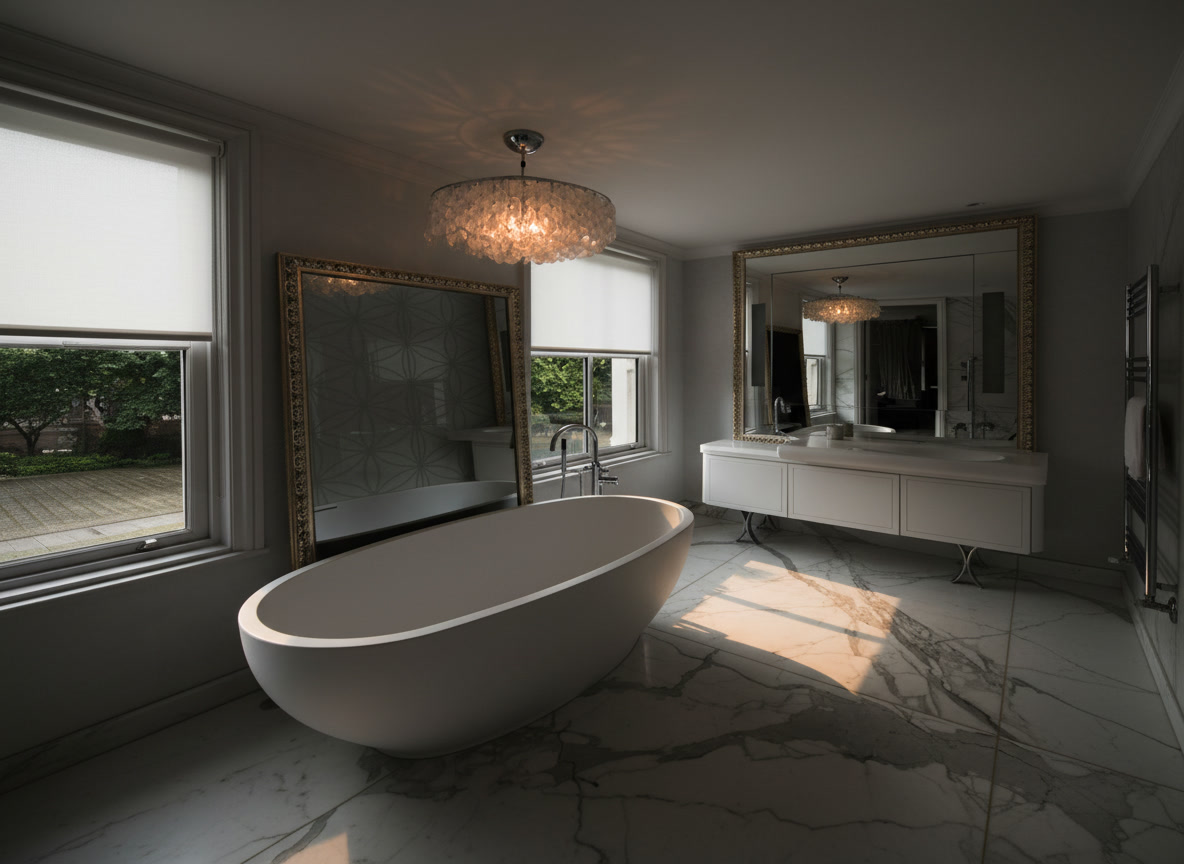 Bagno con pavimento in marmo bianco di Carrara a venature intense e vasca ovale monoblocco al centro