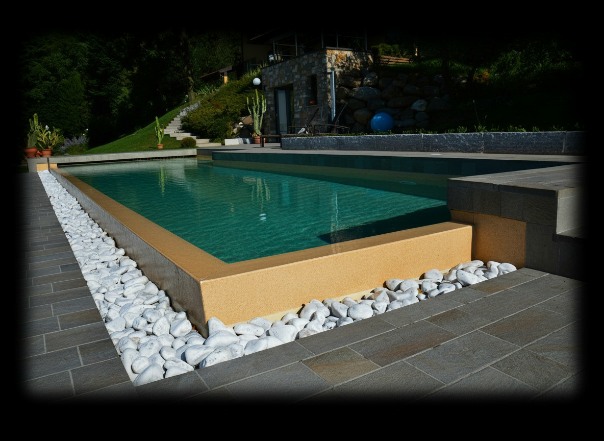 Piscina a sfioro con piccola cascata e canale di raccolta in ciottoli bianchi, lavorazione del marmo Michelessi
