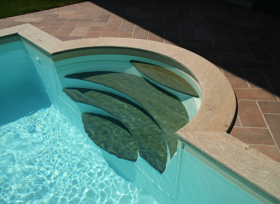 Dettaglio di scala romana per piscina in marmo serpentino grigio con forme concave e convesse, Michelessi