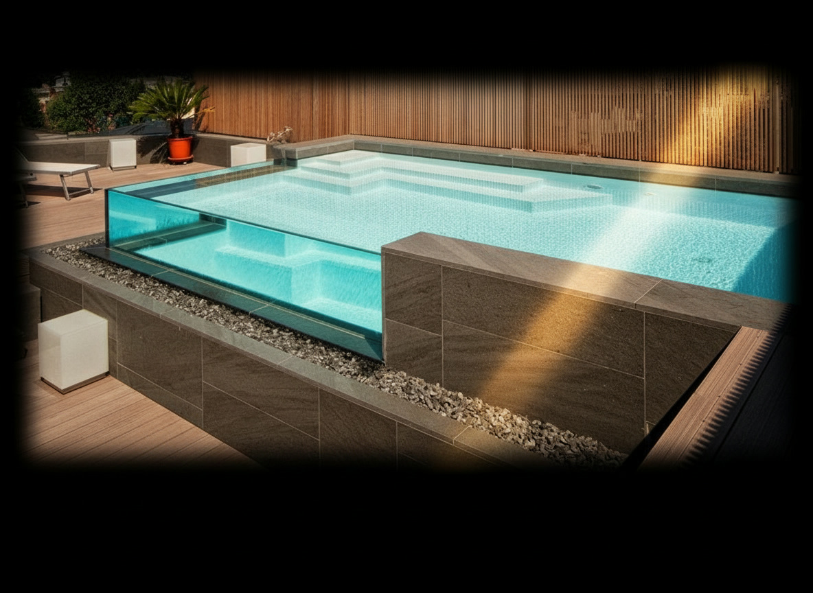 Piscina rialzata con parete in vetro trasparente e rivestimento in pietra grigia, progetto Michelessi