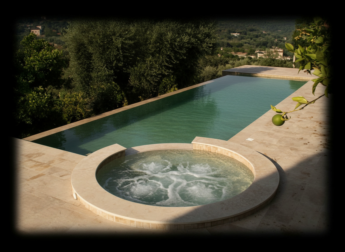 Piscina rivestita in travertino con bordo a cascata e vasca idromassaggio circolare rialzata, Michelessi