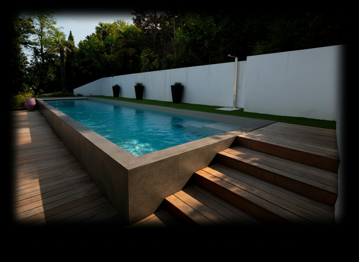 Piscina rialzata rivestita in ardesia con pavimentazione e scala in legno, realizzazione Michelessi