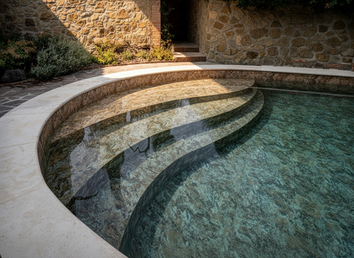Piscina rivestita in marmo giallo Santa Cecilia con gradini arrotondati e bordo in travertino, Michelessi